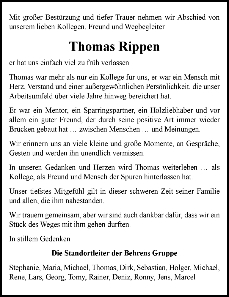  Traueranzeige für Thomas Rippen vom 13.09.2025 aus Nordwest-Zeitung