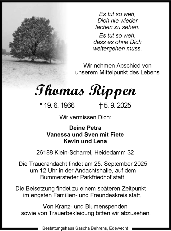 Traueranzeige von Thomas Rippen von Nordwest-Zeitung