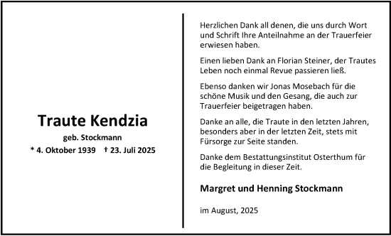 Traueranzeige von Traute Kendzia von Nordwest-Zeitung