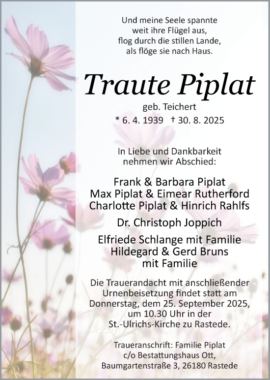 Traueranzeige von Traute Piplat von Nordwest-Zeitung