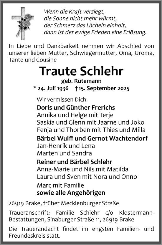 Traueranzeige von Traute Schlehr von Nordwest-Zeitung