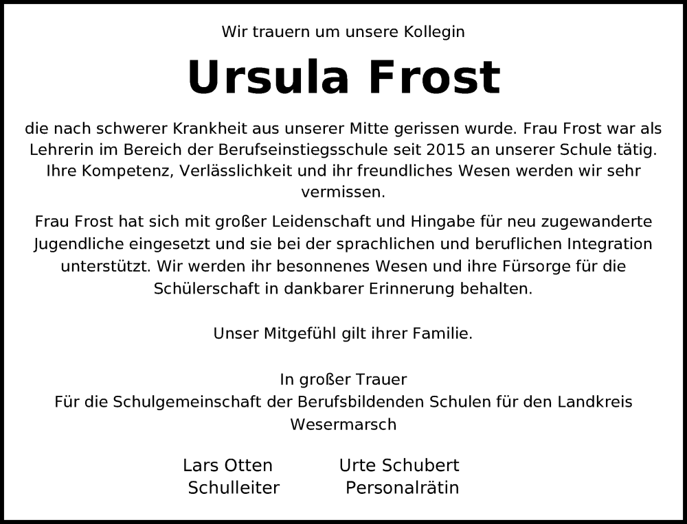  Traueranzeige für Ursula Frost vom 01.10.2025 aus Nordwest-Zeitung