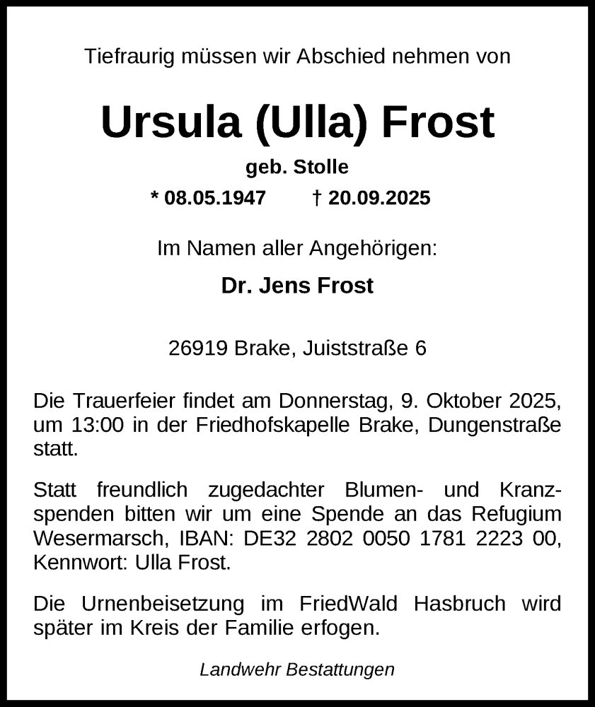  Traueranzeige für Ursula Frost vom 01.10.2025 aus Nordwest-Zeitung