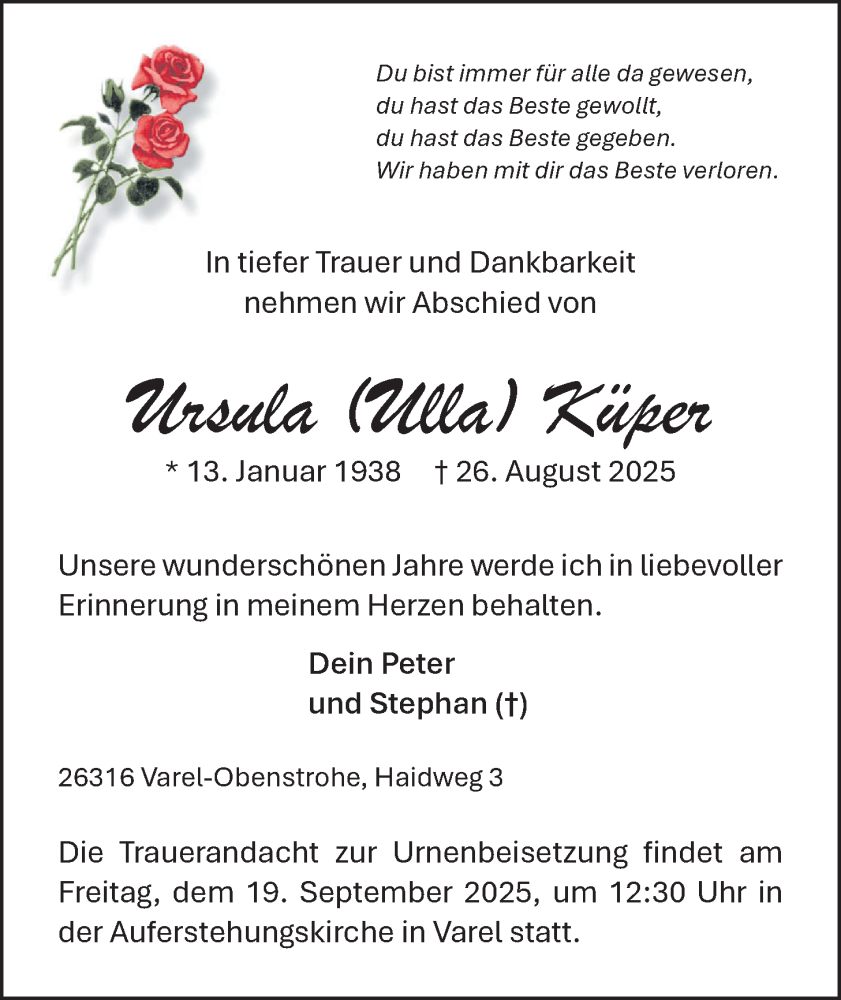  Traueranzeige für Ursula Küper vom 12.09.2025 aus Nordwest-Zeitung