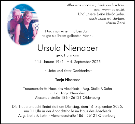 Traueranzeige von Ursula Nienaber von Nordwest-Zeitung