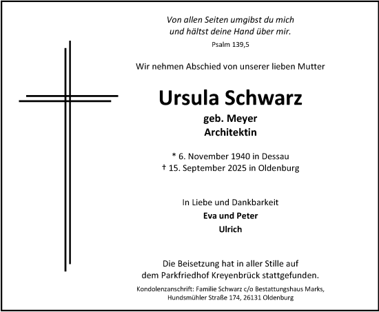 Traueranzeige von Ursula Schwarz von Nordwest-Zeitung