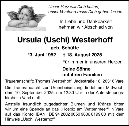 Traueranzeige von Ursula Westerhoff von Nordwest-Zeitung