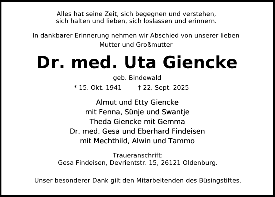 Traueranzeige von Uta Giencke von Nordwest-Zeitung