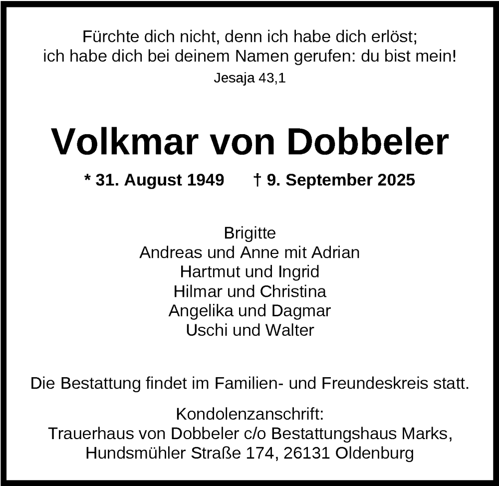  Traueranzeige für Volkmar von Dobbeler vom 13.09.2025 aus Nordwest-Zeitung