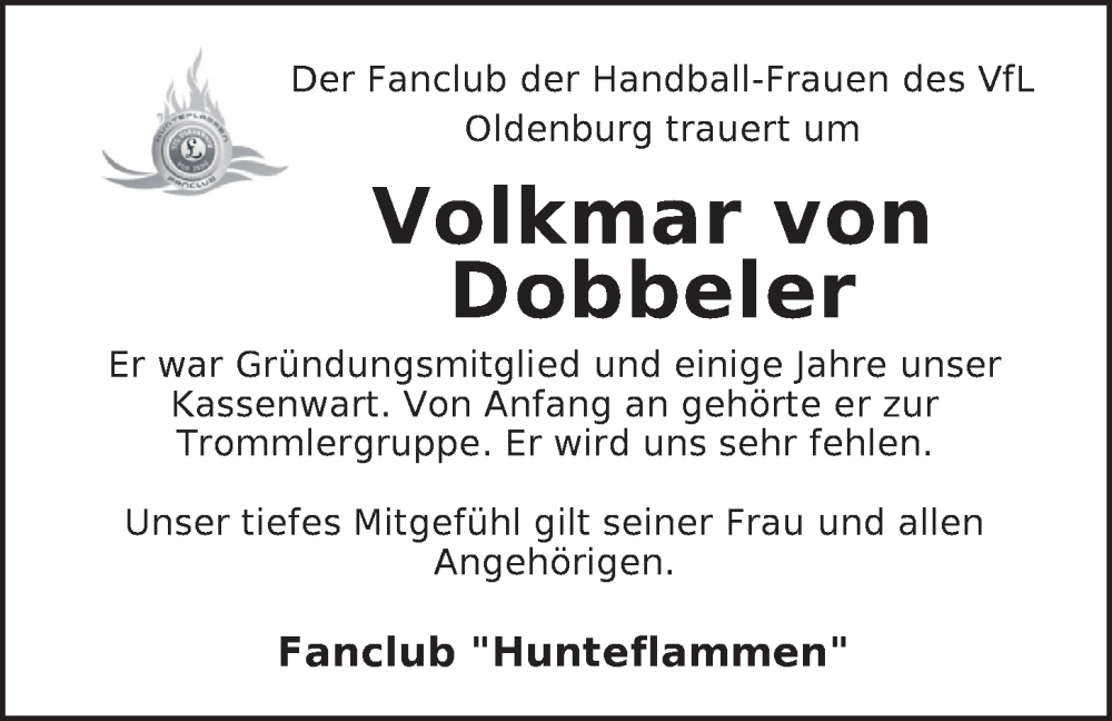  Traueranzeige für Volkmar von Dobbeler vom 13.09.2025 aus Nordwest-Zeitung