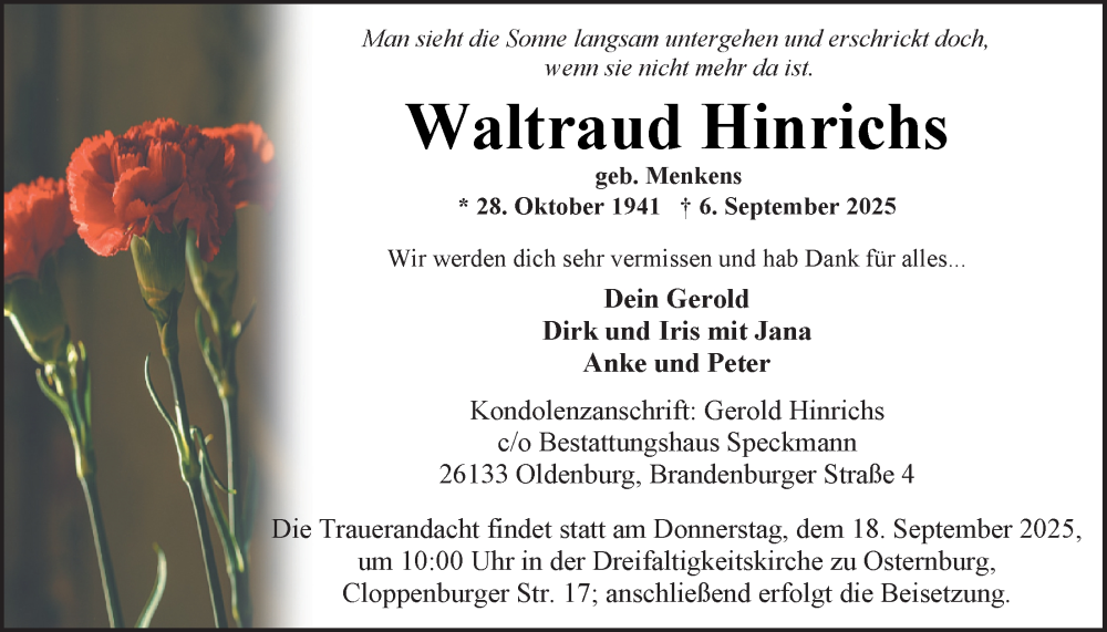  Traueranzeige für Waltraud Hinrichs vom 13.09.2025 aus Nordwest-Zeitung