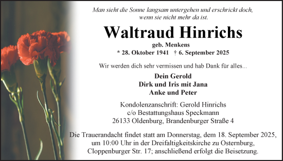 Traueranzeige von Waltraud Hinrichs von Nordwest-Zeitung