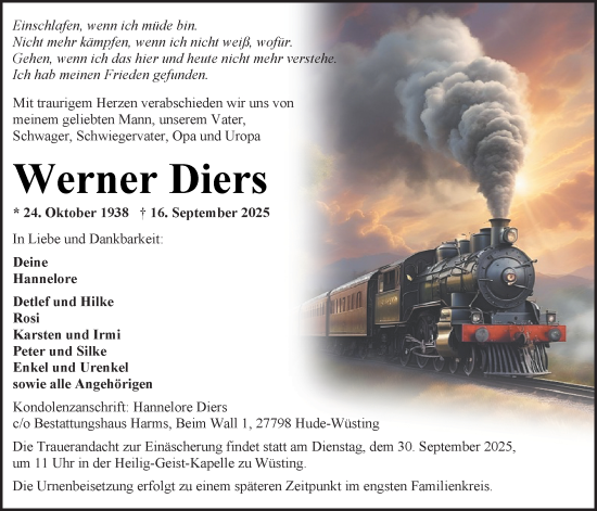Traueranzeige von Werner Diers von Nordwest-Zeitung