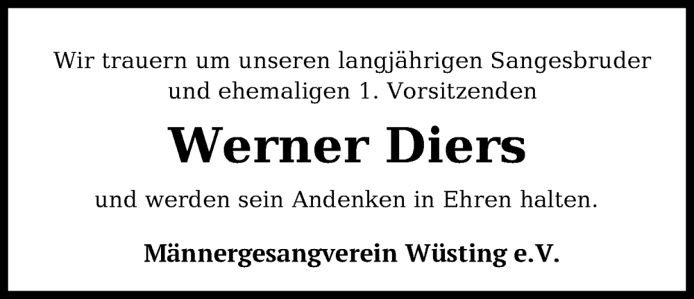  Traueranzeige für Werner Diers vom 27.09.2025 aus Nordwest-Zeitung