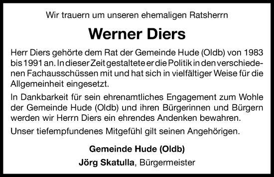 Traueranzeige von Werner Diers von Nordwest-Zeitung