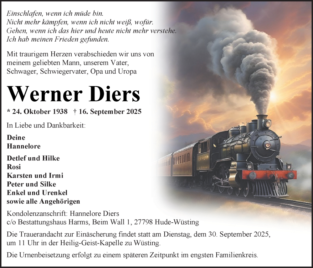  Traueranzeige für Werner Diers vom 20.09.2025 aus Nordwest-Zeitung
