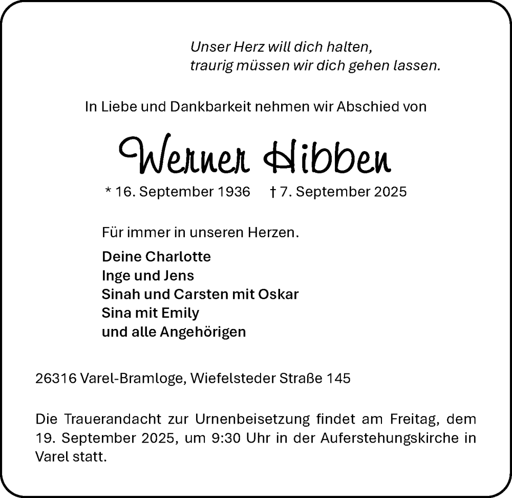  Traueranzeige für Werner Hibben vom 13.09.2025 aus Nordwest-Zeitung