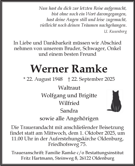 Traueranzeige von Werner Ramke von Nordwest-Zeitung