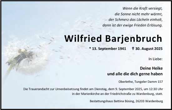 Traueranzeige von Wilfried Barjenbruch von Nordwest-Zeitung
