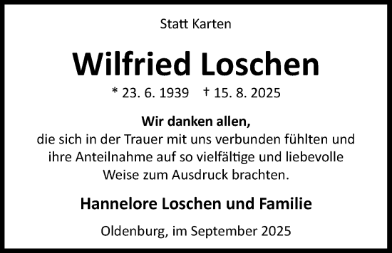 Traueranzeige von Wilfried Loschen von Nordwest-Zeitung