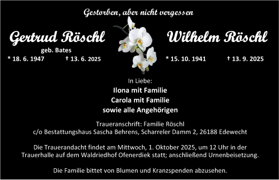 Traueranzeige von Wilhelm Röschl von Nordwest-Zeitung