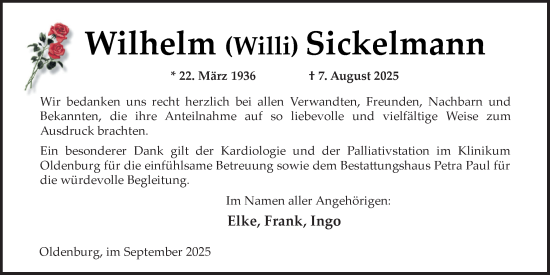 Traueranzeige von Wilhelm Sickelmann von Nordwest-Zeitung