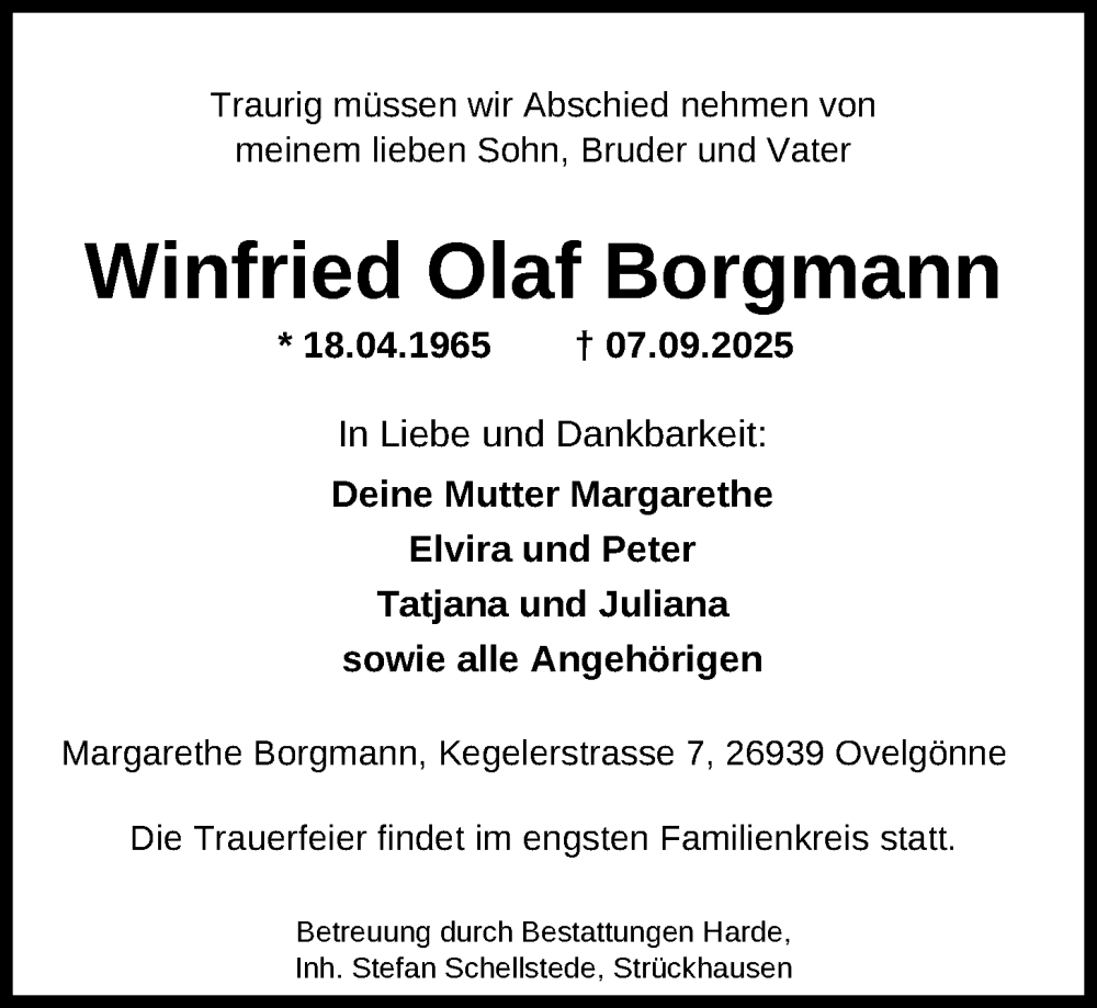  Traueranzeige für Winfried Olaf Borgmann vom 10.09.2025 aus Nordwest-Zeitung
