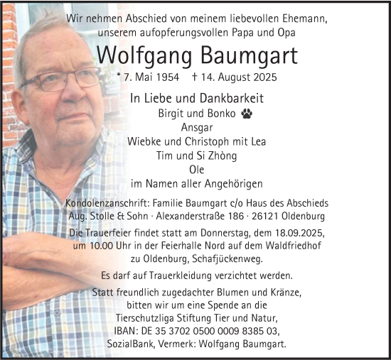 Traueranzeige von Wolfgang Baumgart von Nordwest-Zeitung
