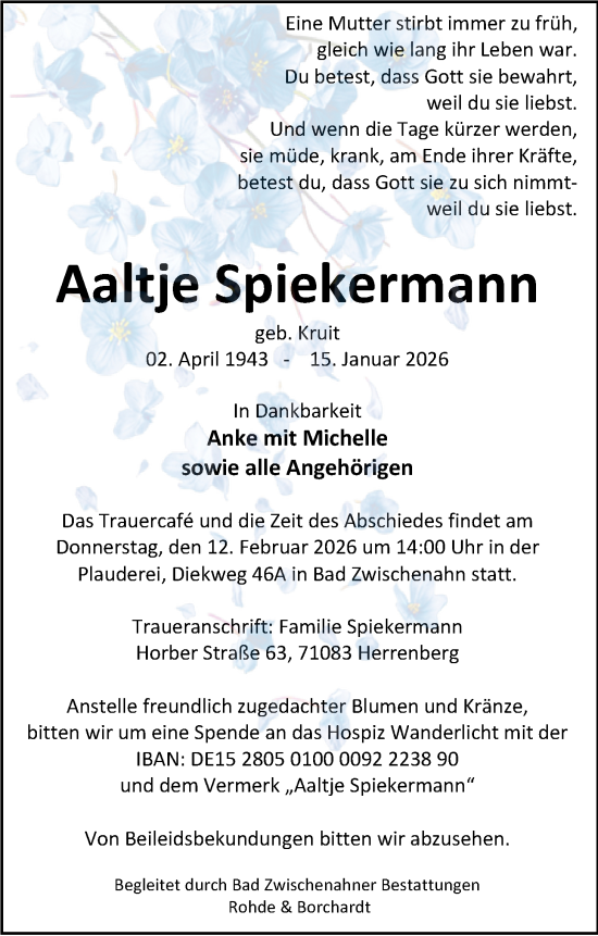Traueranzeige von Aaltje Spiekermann von Nordwest-Zeitung