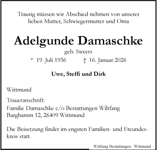 Traueranzeige von Adelgunde Damaschke von WZ/JW/AH