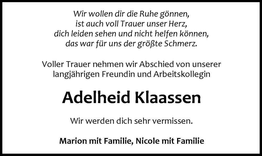  Traueranzeige für Adelheid Klaassen vom 14.01.2026 aus Emder Zeitung