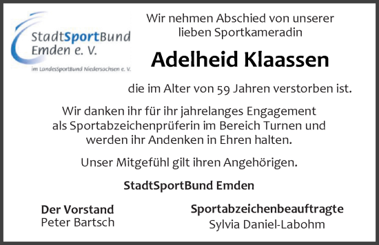 Traueranzeige von Adelheid Klaassen von Emder Zeitung