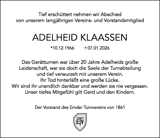 Traueranzeige von Adelheid Klaassen von Emder Zeitung