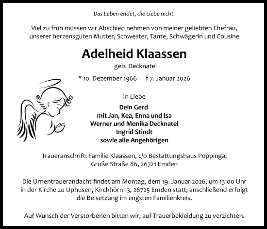 Traueranzeige von Adelheid Klaassen von Emder Zeitung