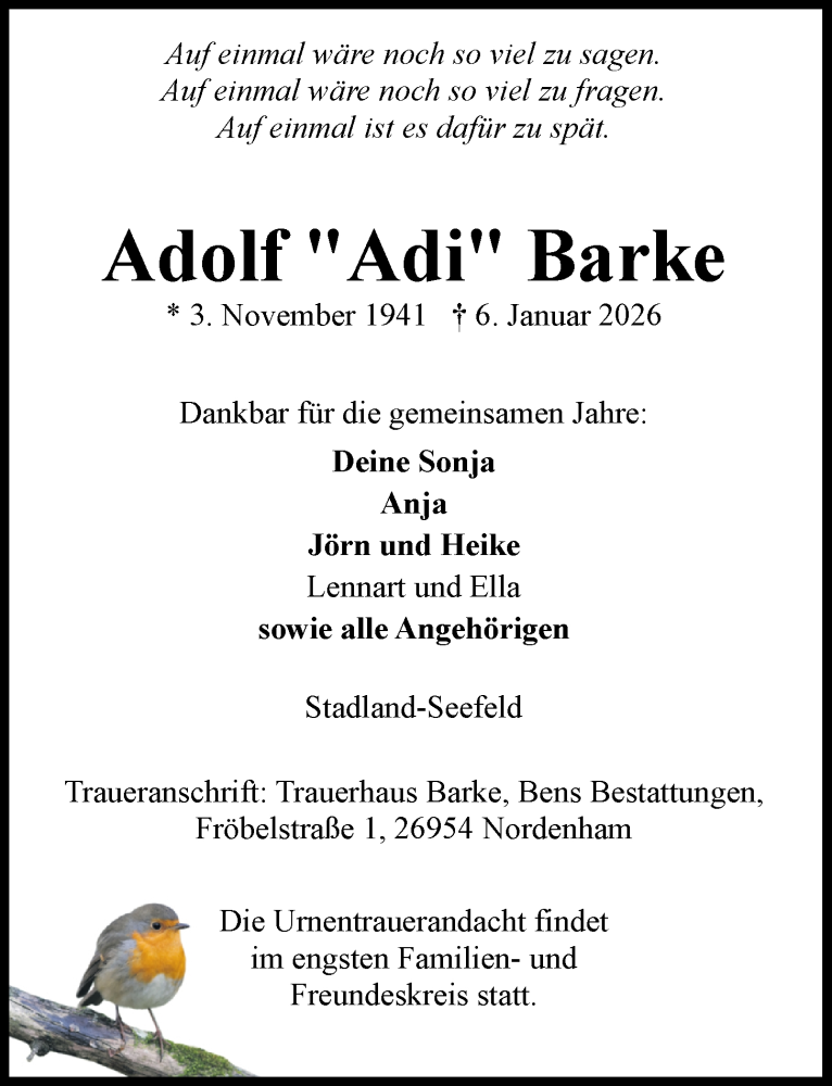  Traueranzeige für Adolf Barke vom 14.01.2026 aus Nordwest-Zeitung
