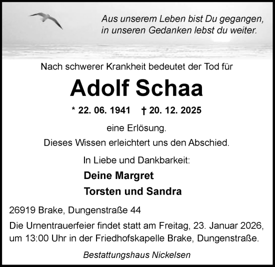 Traueranzeige von Adolf Schaa von Nordwest-Zeitung