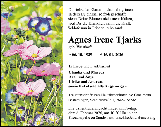 Traueranzeige von Agnes Irene Tjarks von WZ/JW/AH