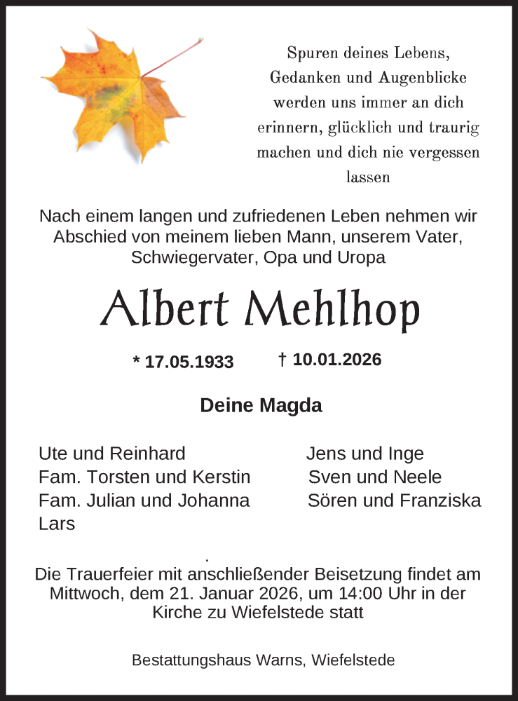  Traueranzeige für Albert Mehlhop vom 17.01.2026 aus Nordwest-Zeitung
