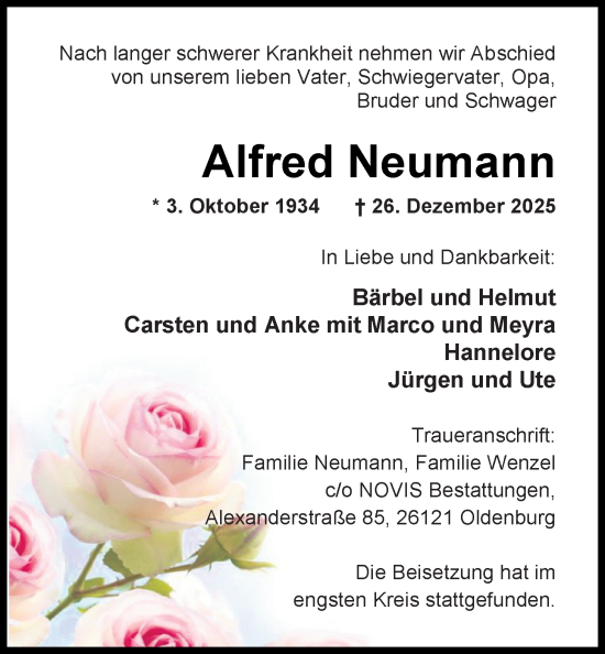 Traueranzeige von Alfred Neumann von Nordwest-Zeitung