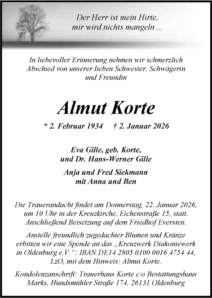  Traueranzeige für Almut Korte vom 17.01.2026 aus Nordwest-Zeitung