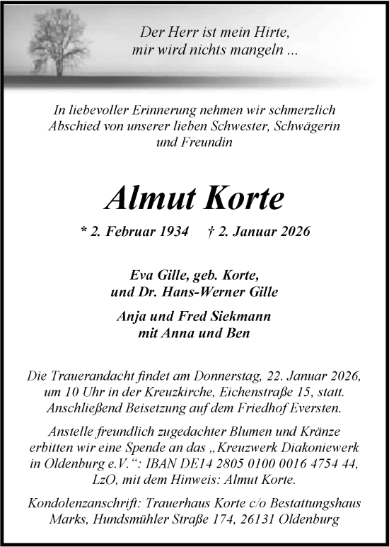 Traueranzeige von Almut Korte von Nordwest-Zeitung