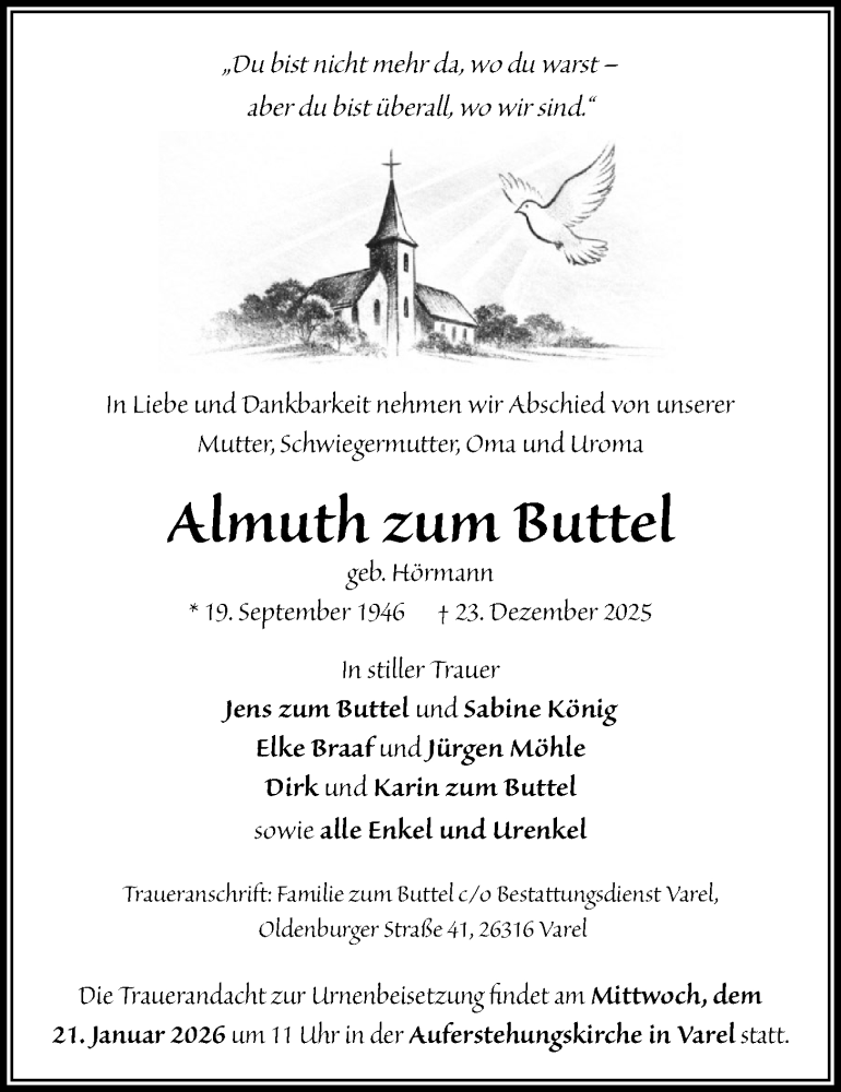  Traueranzeige für Almuth zum Buttel vom 17.01.2026 aus Nordwest-Zeitung