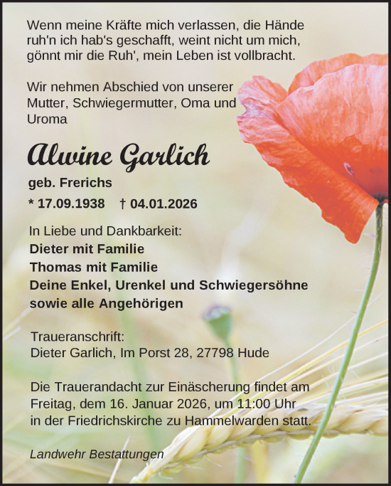 Traueranzeige von Alwine Garlich von Nordwest-Zeitung