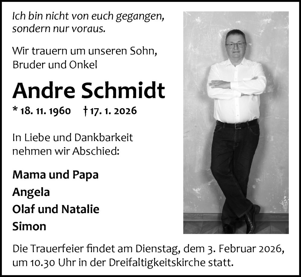  Traueranzeige für Andre Schmidt vom 31.01.2026 aus Nordwest-Zeitung