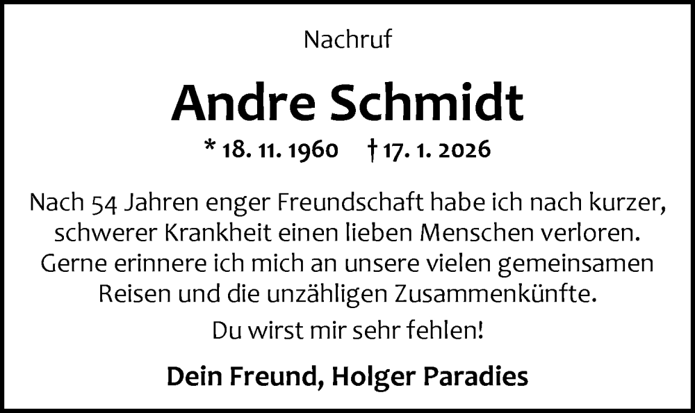  Traueranzeige für Andre Schmidt vom 31.01.2026 aus Nordwest-Zeitung