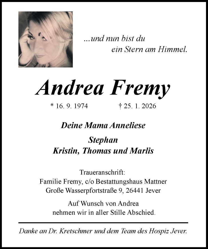  Traueranzeige für Andrea Fremy vom 31.01.2026 aus WZ/JW/AH