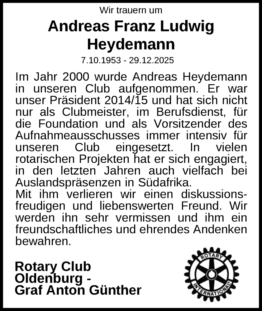  Traueranzeige für Andreas Franz Ludwig Heydemann vom 10.01.2026 aus Nordwest-Zeitung