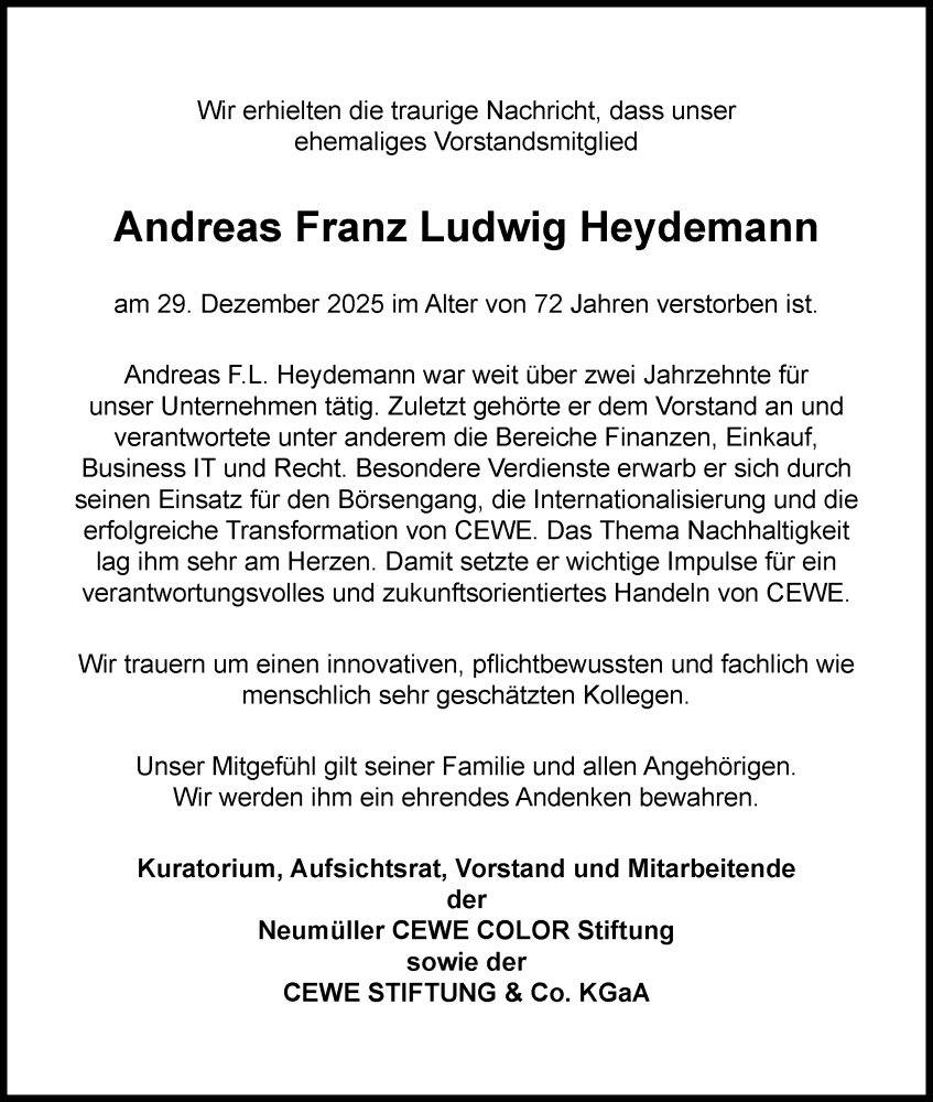  Traueranzeige für Andreas Franz Ludwig Heydemann vom 10.01.2026 aus Nordwest-Zeitung