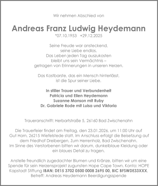 Traueranzeige von Andreas Franz Ludwig Heydemann von Nordwest-Zeitung