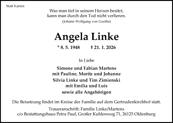 Traueranzeige von Angela Linke von Nordwest-Zeitung